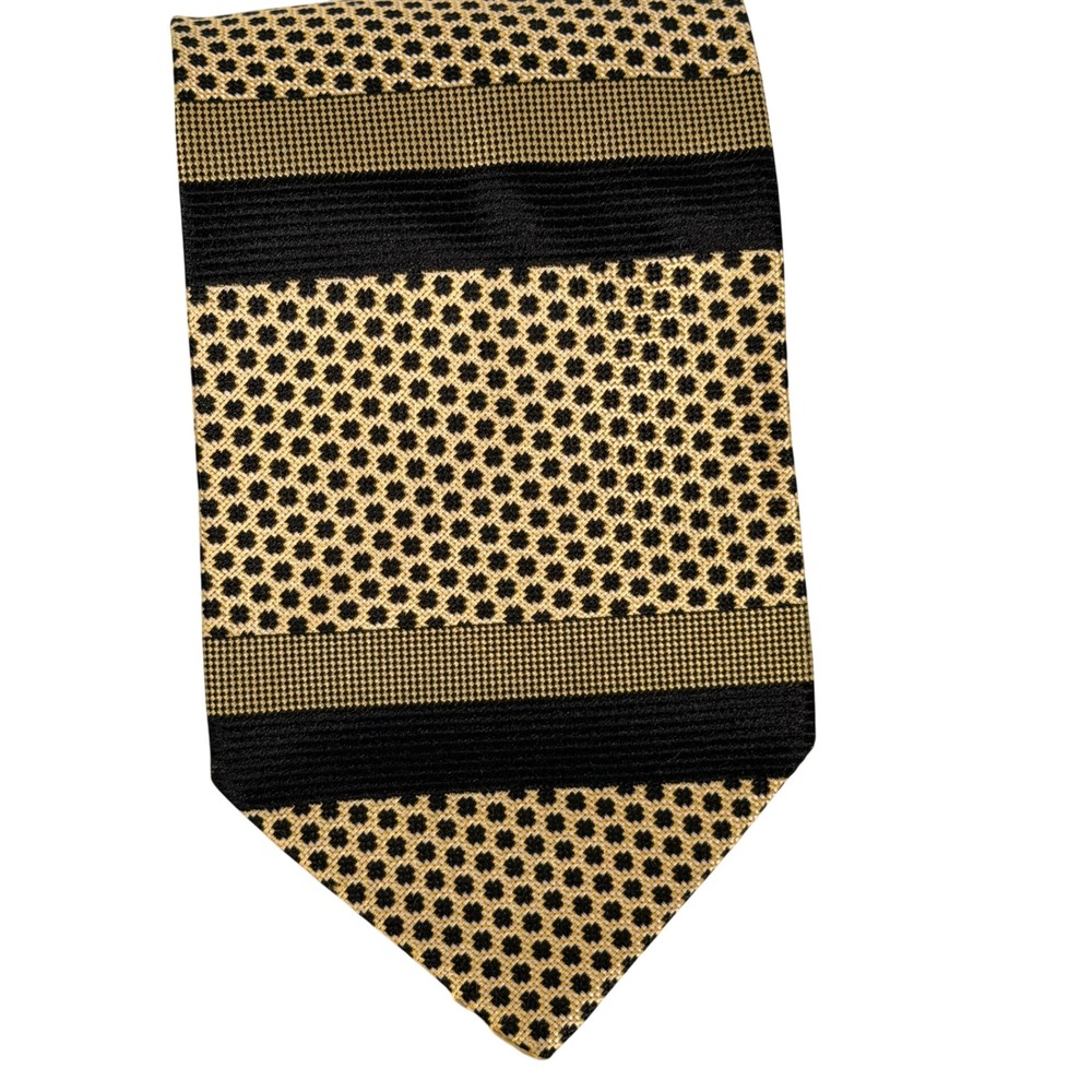 Tino Cosma Italy Mens Silk Tie Gold Black Geometric Striped Woven Necktie